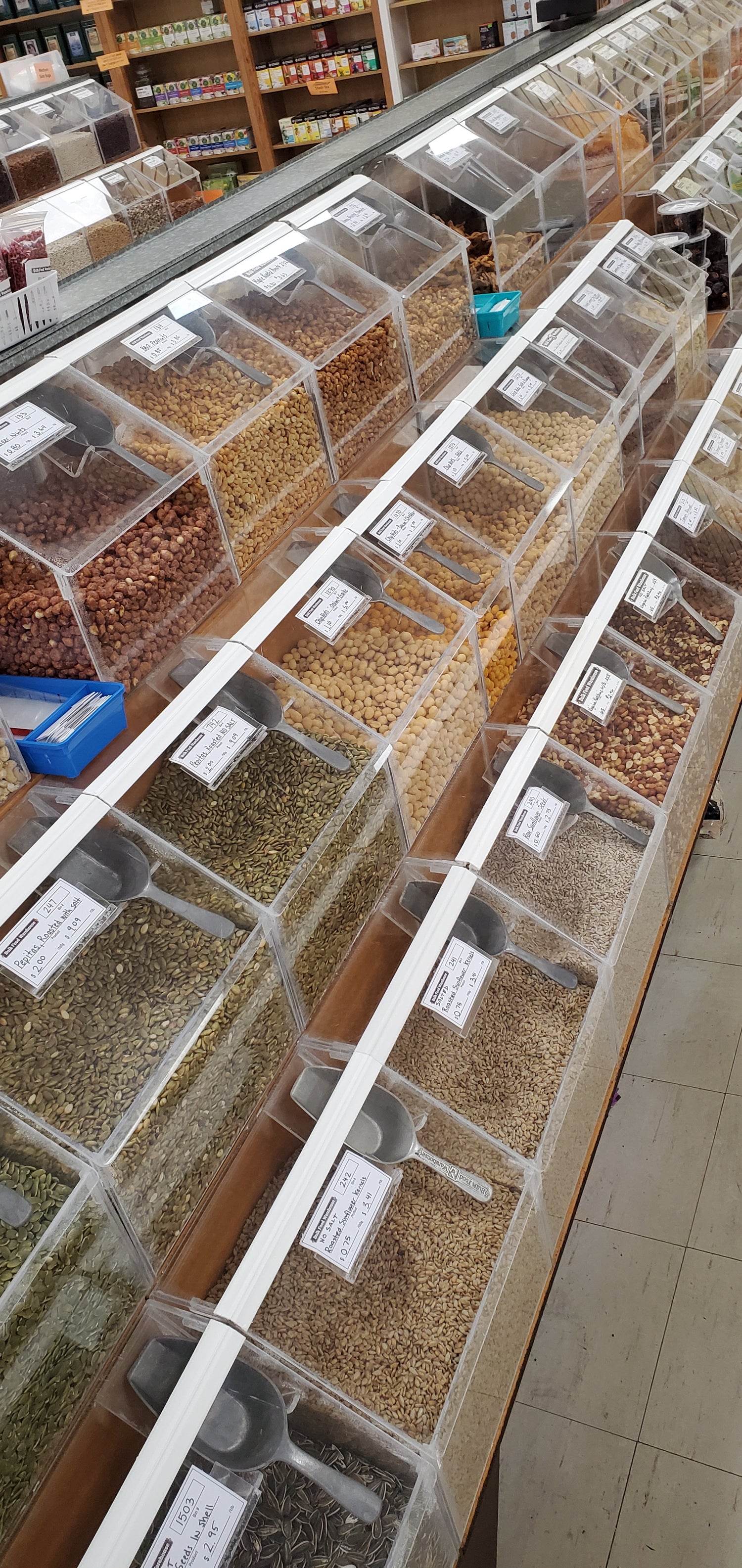 Bulk food bins with nuts, seeds, and grains at Bulk Food Warehouse in Aldershot, serving Burlington, Hamilton, and Halton communities since 1985.