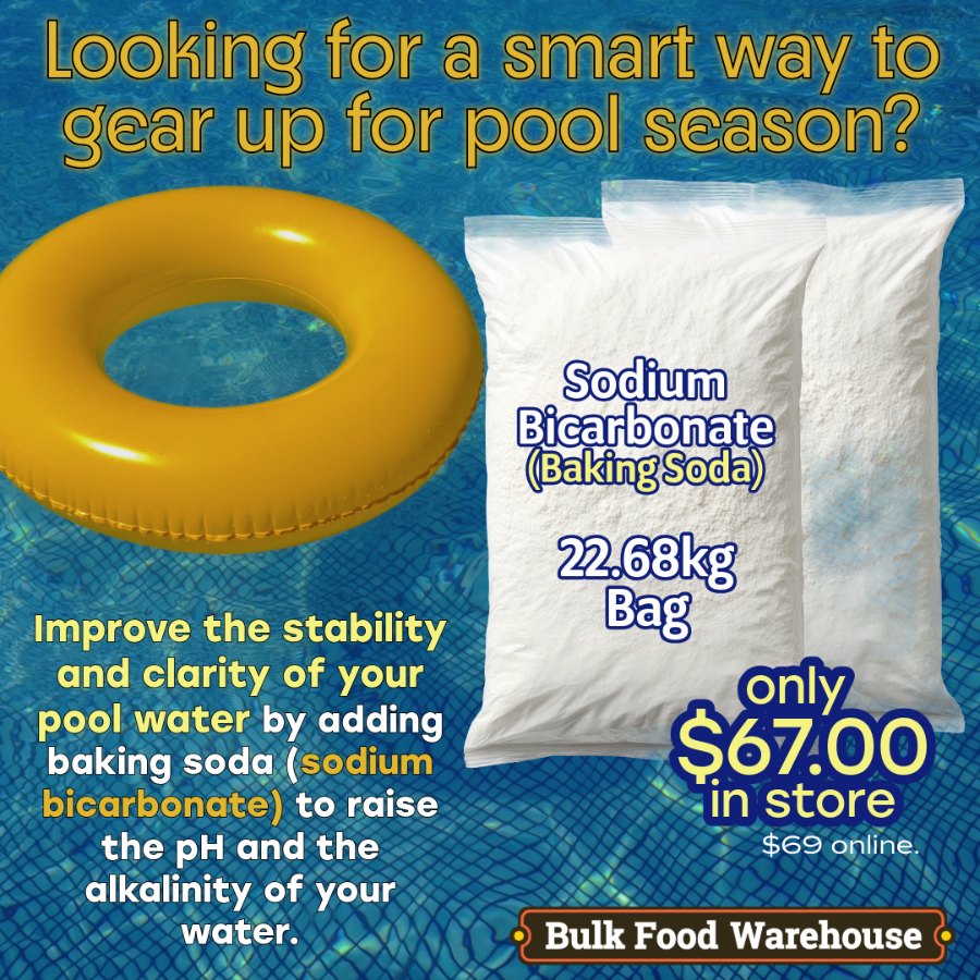 Promotional image for Sodium Bicarbonate with a yellow pool ring on a pool background, featuring Bulk Food Warehouse branding.